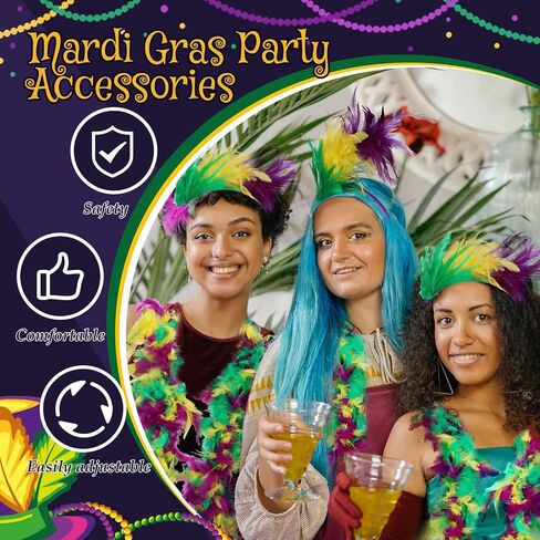 5 PCS Mardi Gras Accessories for Women, Mardi Gras Feather Boas and Feathers Headband with Mardi Gras Beads Mardi Gras Outfit Accessory Set Mardi Gras Party Decorations for Mardi Gras Dress Up in Saudi Arabia