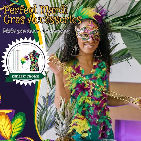 5 PCS Mardi Gras Accessories for Women, Mardi Gras Feather Boas and Feathers Headband with Mardi Gras Beads Mardi Gras Outfit Accessory Set Mardi Gras Party Decorations for Mardi Gras Dress Up in Saudi Arabia