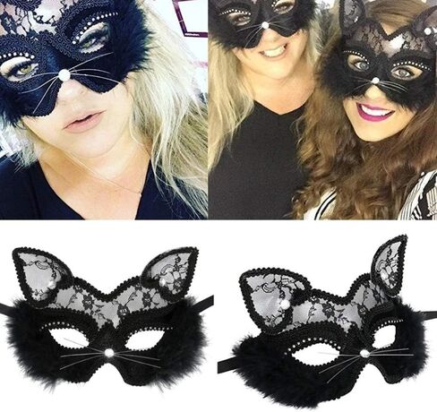 Cool Cat Masquerade Mask for Women Soft Comfortable Wearing,Cute Venetian Lace Mask for Halloween Christmas Party Costume in Kuwait