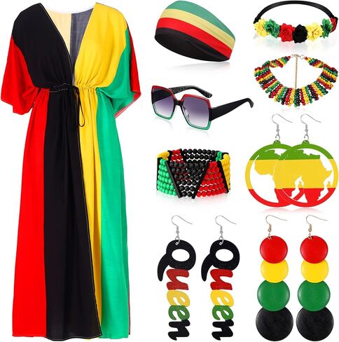 Bokon 9 Pieces Juneteenth Women African Jamaican Accessories Set, Jamaican Multicolor Rasta Turban Bikini Cover up Wooden Earrings Bracelet Necklace Headband Sunglasses in Kuwait