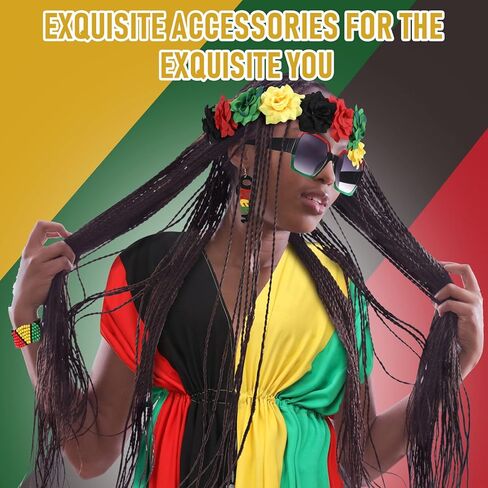 Bokon 9 Pieces Juneteenth Women African Jamaican Accessories Set, Jamaican Multicolor Rasta Turban Bikini Cover up Wooden Earrings Bracelet Necklace Headband Sunglasses in Kuwait