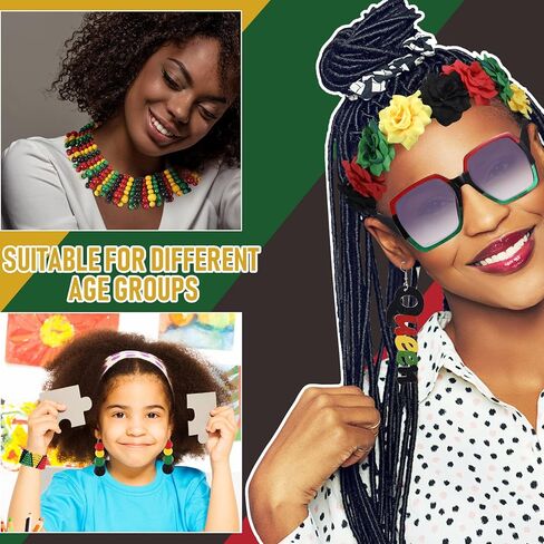 Bokon 9 Pieces Juneteenth Women African Jamaican Accessories Set, Jamaican Multicolor Rasta Turban Bikini Cover up Wooden Earrings Bracelet Necklace Headband Sunglasses in Kuwait