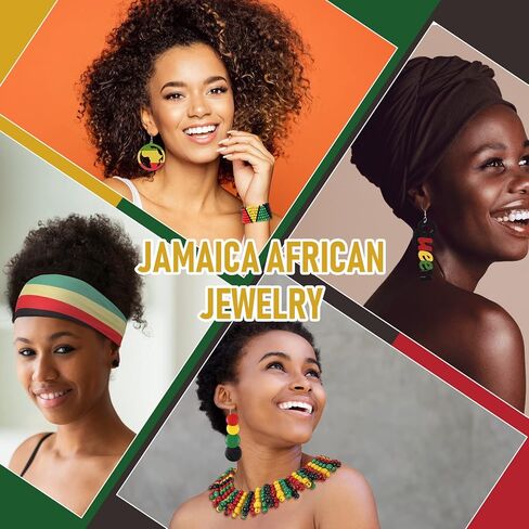 Bokon 9 Pieces Juneteenth Women African Jamaican Accessories Set, Jamaican Multicolor Rasta Turban Bikini Cover up Wooden Earrings Bracelet Necklace Headband Sunglasses in Kuwait