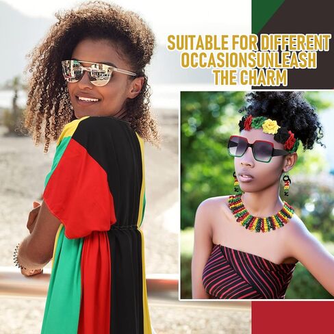 Bokon 9 Pieces Juneteenth Women African Jamaican Accessories Set, Jamaican Multicolor Rasta Turban Bikini Cover up Wooden Earrings Bracelet Necklace Headband Sunglasses in Kuwait