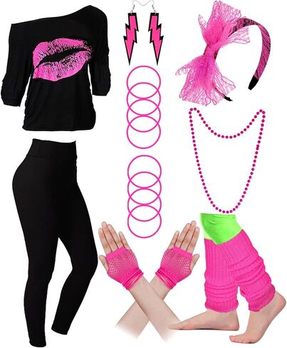 مجموعة إكسسوارات الأزياء النسائية من Cizoe الثمانينيات، طباعة الشفاه بدون أكتاف، عصابة رأس لتدفئة الساق، قفازات شبكة صيد السمك، سراويل ضيقة مطبوعة in Kuwait