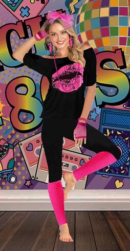 مجموعة إكسسوارات الأزياء النسائية من Cizoe الثمانينيات، طباعة الشفاه بدون أكتاف، عصابة رأس لتدفئة الساق، قفازات شبكة صيد السمك، سراويل ضيقة مطبوعة in Kuwait