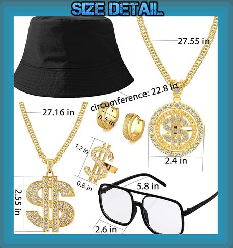 Jewdreamer 6 قطع 80s/90s الهيب هوب زي مجموعة مغني الراب اكسسوارات للرجال النساء 90s الزي قبعة النظارات الشمسية قلادة in Kuwait