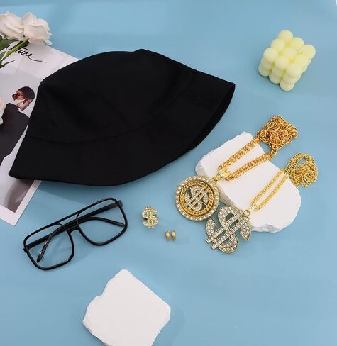 Jewdreamer 6 قطع 80s/90s الهيب هوب زي مجموعة مغني الراب اكسسوارات للرجال النساء 90s الزي قبعة النظارات الشمسية قلادة in Kuwait