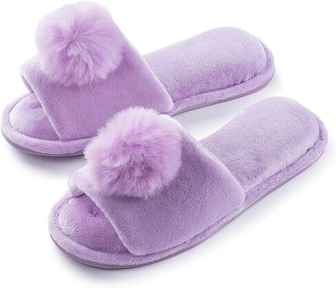 Pupeez Girl's Slipper Lovely Velvet Pom-pom Open Toe Kids House Slides Purple 13/1 in Saudi Arabia
