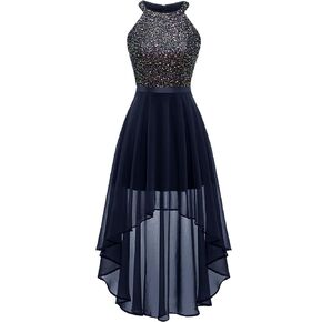 Dressystar Women's Sequin Dress Halter Cocktail Party Prom Dress Hi-Lo Long Evening Party Dresses