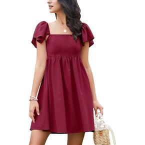 EXLURA Womens Casual Short Sleeve Square Neck Cap Sleeve Dress High Waist A-Line Casual Smocked Back Mini Dresses