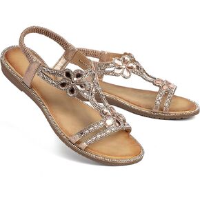 Unifizz Women's Summer Sandals Comfortable T-Strap Beaded Flower Sparkly Rhinestone Flat Elastic Sandals Dress Shoes for Outdoor Beach Wedding
