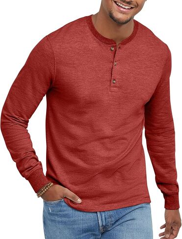 Hanes Men's Originals French Terry T, Textured Long-Sleeve Henley Shirt in Saudi Arabia