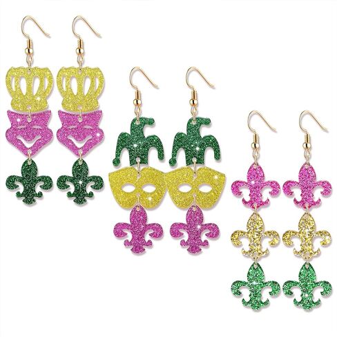 Mardi Gras Earrings for Women, Lightweight Mardi Gras Accessory, Acrylic Fleur De Lis Mask Crown Earrings Carnival Mardi Gras Parades Party Earrings, Fat Tuesday Jewelry Gift in Kuwait