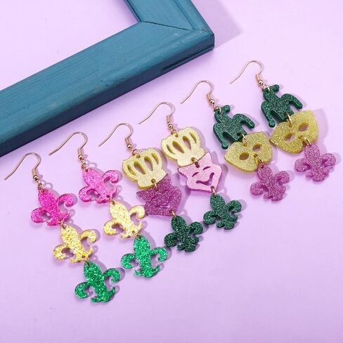 Mardi Gras Earrings for Women, Lightweight Mardi Gras Accessory, Acrylic Fleur De Lis Mask Crown Earrings Carnival Mardi Gras Parades Party Earrings, Fat Tuesday Jewelry Gift in Kuwait