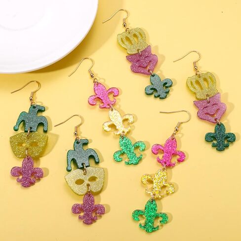 Mardi Gras Earrings for Women, Lightweight Mardi Gras Accessory, Acrylic Fleur De Lis Mask Crown Earrings Carnival Mardi Gras Parades Party Earrings, Fat Tuesday Jewelry Gift in Kuwait