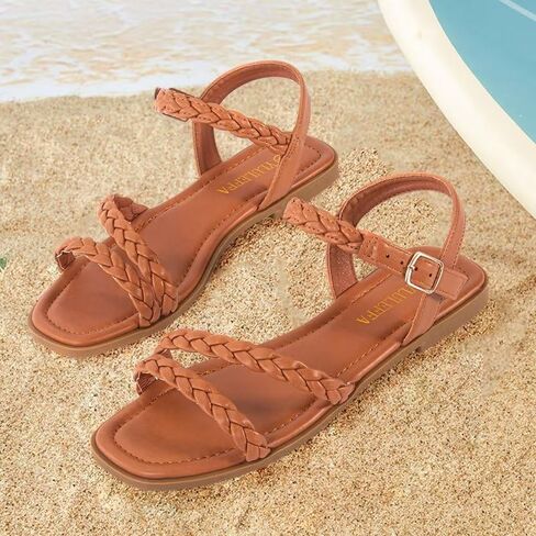 YLULEFFA Women's Braided Flat Sandals - Comfortable Cute Square Open Toe Slingback Summer Shoes with Adjustable Ankle Buckle in Saudi Arabia