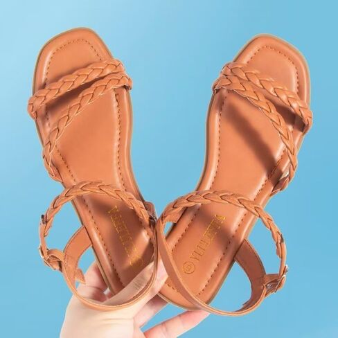 YLULEFFA Women's Braided Flat Sandals - Comfortable Cute Square Open Toe Slingback Summer Shoes with Adjustable Ankle Buckle in Saudi Arabia
