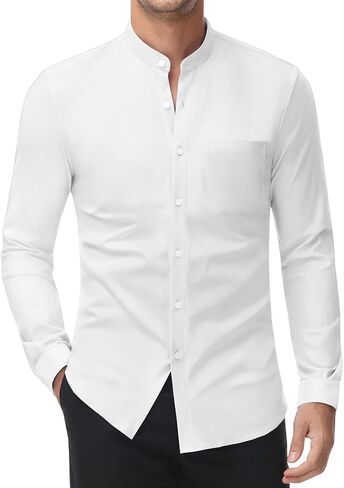 DEMEANOR Stretch Mens Dress Shirts Band Collar Casual Button Down Shirts Long Sleeve Dress Shirts for Men Muscle Fit in Saudi Arabia