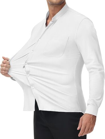 DEMEANOR Stretch Mens Dress Shirts Band Collar Casual Button Down Shirts Long Sleeve Dress Shirts for Men Muscle Fit in Saudi Arabia