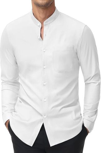 DEMEANOR Stretch Mens Dress Shirts Band Collar Casual Button Down Shirts Long Sleeve Dress Shirts for Men Muscle Fit in Saudi Arabia