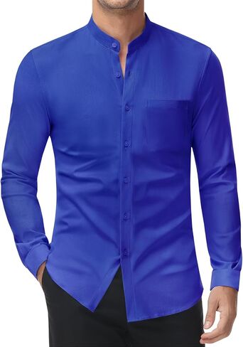 DEMEANOR Stretch Mens Dress Shirts Band Collar Casual Button Down Shirts Long Sleeve Dress Shirts for Men Muscle Fit in Saudi Arabia