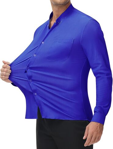 DEMEANOR Stretch Mens Dress Shirts Band Collar Casual Button Down Shirts Long Sleeve Dress Shirts for Men Muscle Fit in Saudi Arabia