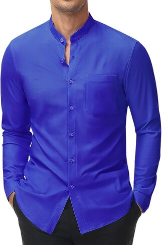 DEMEANOR Stretch Mens Dress Shirts Band Collar Casual Button Down Shirts Long Sleeve Dress Shirts for Men Muscle Fit in Saudi Arabia
