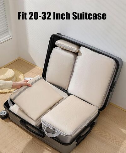 مجموعة من 4 قطع من مكعبات التعبئة المضغوطة لحقيبة السفر، وحقائب تخزين أمتعة السفر القابلة للتوسيع، ومنظمات إكسسوارات السفر (بيج) in Kuwait