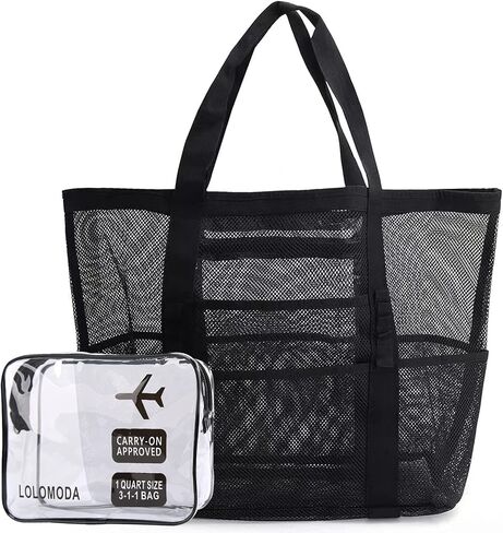 LUOLILI Mesh Beach Bag, Lightweight Large Beach Tote Bag 9 Pockets for Family Beach Bag for Toys & Vacation Essential with TSA Approved Clear Travel Toiletry Bag in Saudi Arabia
