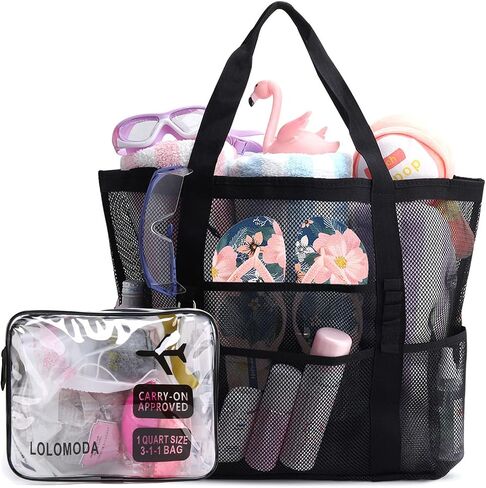 LUOLILI Mesh Beach Bag, Lightweight Large Beach Tote Bag 9 Pockets for Family Beach Bag for Toys & Vacation Essential with TSA Approved Clear Travel Toiletry Bag in Saudi Arabia