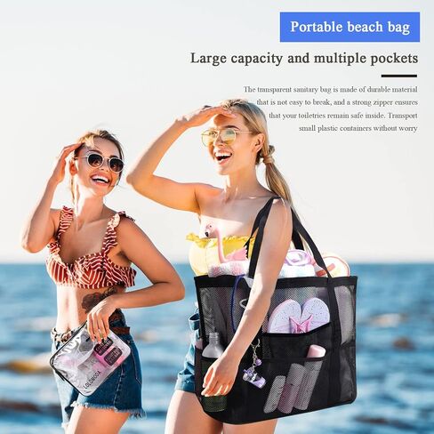 LUOLILI Mesh Beach Bag, Lightweight Large Beach Tote Bag 9 Pockets for Family Beach Bag for Toys & Vacation Essential with TSA Approved Clear Travel Toiletry Bag in Saudi Arabia