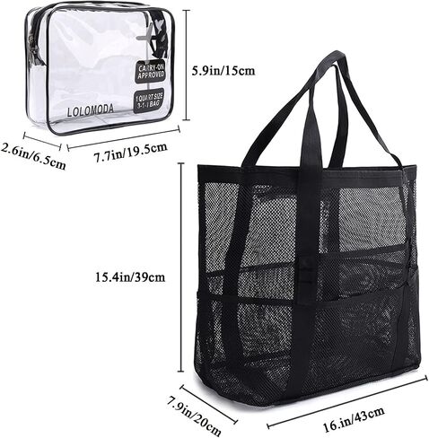 LUOLILI Mesh Beach Bag, Lightweight Large Beach Tote Bag 9 Pockets for Family Beach Bag for Toys & Vacation Essential with TSA Approved Clear Travel Toiletry Bag in Saudi Arabia