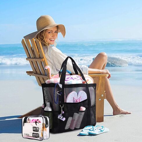 LUOLILI Mesh Beach Bag, Lightweight Large Beach Tote Bag 9 Pockets for Family Beach Bag for Toys & Vacation Essential with TSA Approved Clear Travel Toiletry Bag in Saudi Arabia