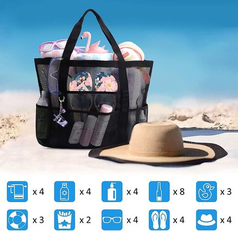 LUOLILI Mesh Beach Bag, Lightweight Large Beach Tote Bag 9 Pockets for Family Beach Bag for Toys & Vacation Essential with TSA Approved Clear Travel Toiletry Bag in Saudi Arabia