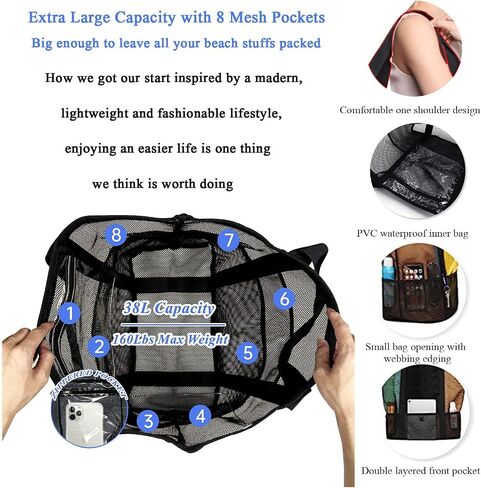 LUOLILI Mesh Beach Bag, Lightweight Large Beach Tote Bag 9 Pockets for Family Beach Bag for Toys & Vacation Essential with TSA Approved Clear Travel Toiletry Bag in Saudi Arabia