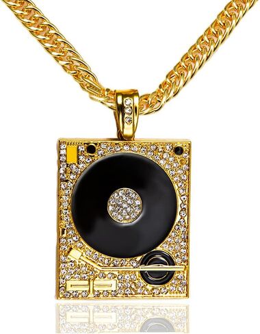 Xusamss Hip Hop DJ 18K Gold Plated Crystal Phonograph Tag Pendant Necklace with Chain in Saudi Arabia