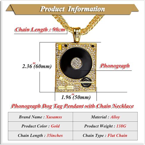Xusamss Hip Hop DJ 18K Gold Plated Crystal Phonograph Tag Pendant Necklace with Chain in Saudi Arabia