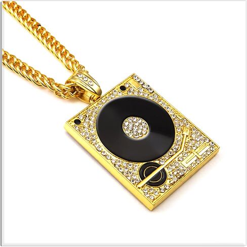 Xusamss Hip Hop DJ 18K Gold Plated Crystal Phonograph Tag Pendant Necklace with Chain in Saudi Arabia