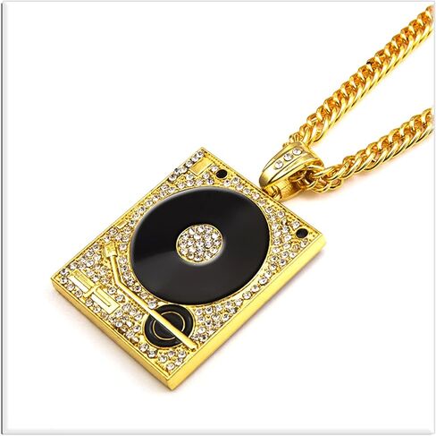 Xusamss Hip Hop DJ 18K Gold Plated Crystal Phonograph Tag Pendant Necklace with Chain in Saudi Arabia