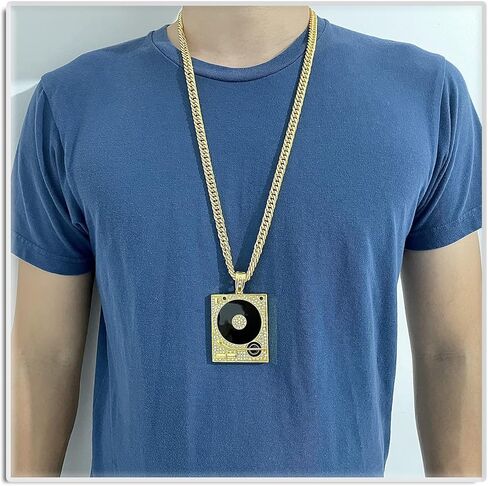 Xusamss Hip Hop DJ 18K Gold Plated Crystal Phonograph Tag Pendant Necklace with Chain in Saudi Arabia