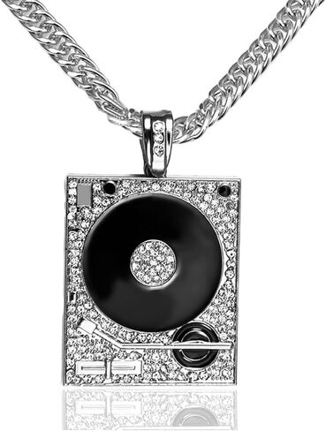 Xusamss Hip Hop DJ 18K Gold Plated Crystal Phonograph Tag Pendant Necklace with Chain in Saudi Arabia