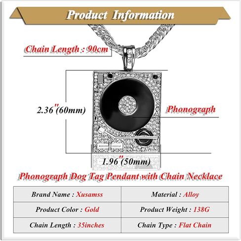 Xusamss Hip Hop DJ 18K Gold Plated Crystal Phonograph Tag Pendant Necklace with Chain in Saudi Arabia