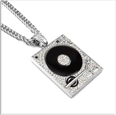 Xusamss Hip Hop DJ 18K Gold Plated Crystal Phonograph Tag Pendant Necklace with Chain in Saudi Arabia