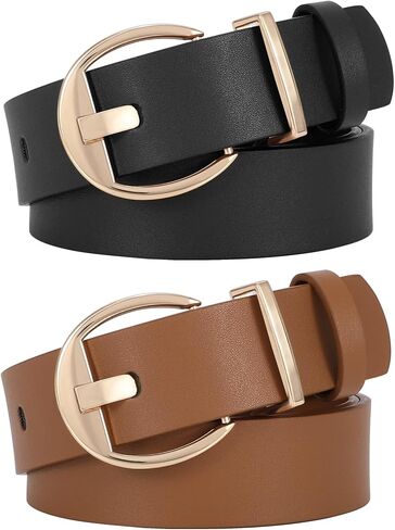 SUOSDEY 2 Pack Fashion Womens Leather Belts Black Brown Ladies Belt with Gold Buckle for Jeans Pants Dresses in Saudi Arabia