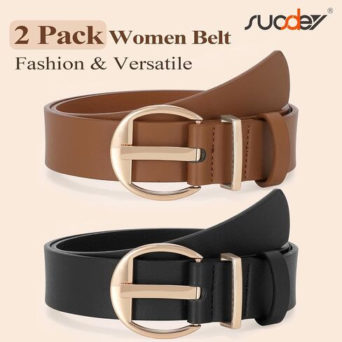 SUOSDEY 2 Pack Fashion Womens Leather Belts Black Brown Ladies Belt with Gold Buckle for Jeans Pants Dresses in Saudi Arabia