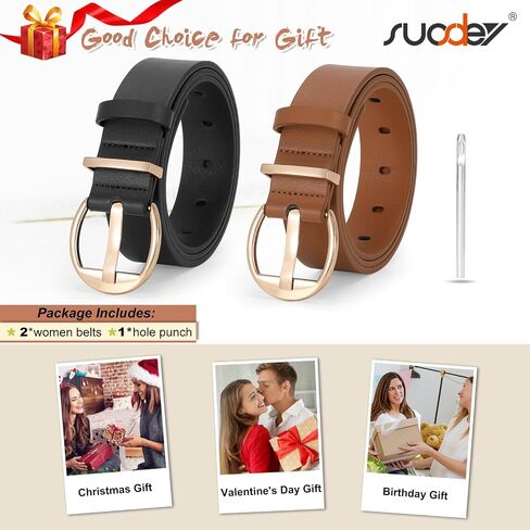 SUOSDEY 2 Pack Fashion Womens Leather Belts Black Brown Ladies Belt with Gold Buckle for Jeans Pants Dresses in Saudi Arabia