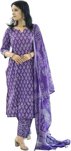 Meera Fab Women's Cotton Printed Straight Kurta With Palazzo & Dupatta Set in Saudi Arabia