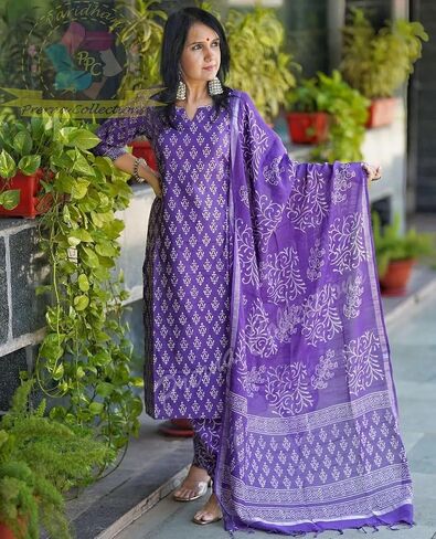 Meera Fab Women's Cotton Printed Straight Kurta With Palazzo & Dupatta Set in Saudi Arabia