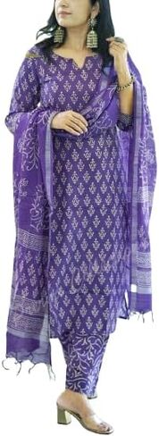 Meera Fab Women's Cotton Printed Straight Kurta With Palazzo & Dupatta Set in Saudi Arabia